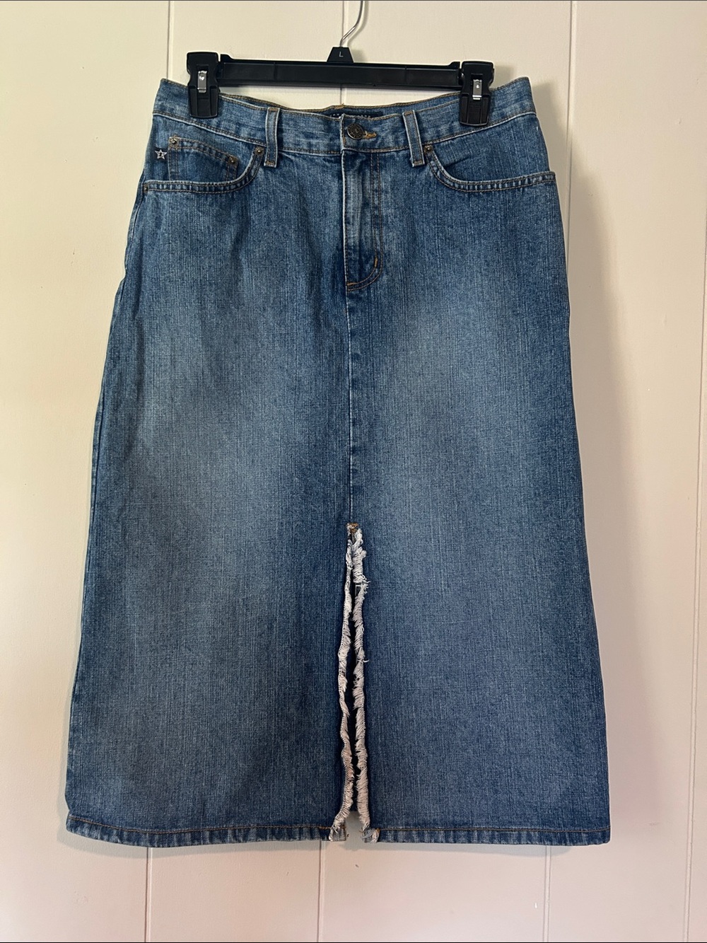 Y2K Tyte Jeans Blue Denim Midi Skirt with Center Frayed Slit